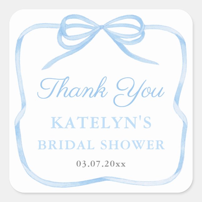 Regency Light Blue Bow Wedding Shower Favor Square Sticker (Front)