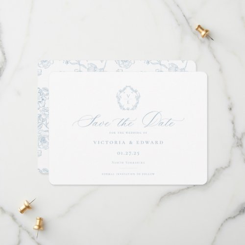 Regency Light Blue Monogram Crest Wedding Save The Date