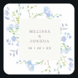 Regency Light Blue Watercolor Florals Wedding Square Sticker<br><div class="desc">Pretty and elegant wedding favor stickers with a square frame of light blue watercolor flowers,  personalized with your names and wedding date in the center in grey.</div>