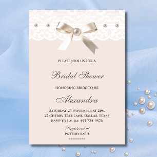 Regency Pink Bow Pearl White Lace Bridal Shower   Invitation