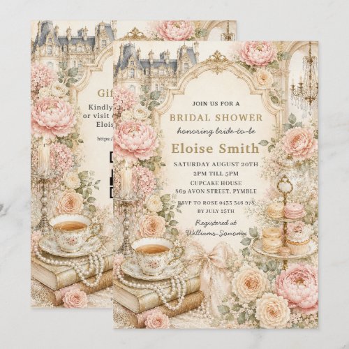 Regency Pink Floral High Tea Party Bridal Shower Invitation