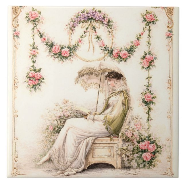 Regency Rose Garden Reading Lady Ceramic Tile (Front)