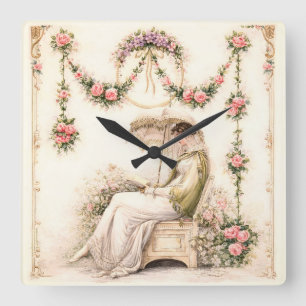 Regency Rose Garden Reading Lady Square Wall Clock