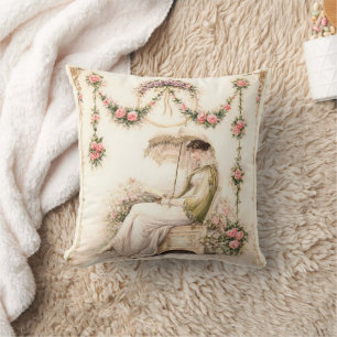Regency Rose Garden Reading Lady Throw Pillow