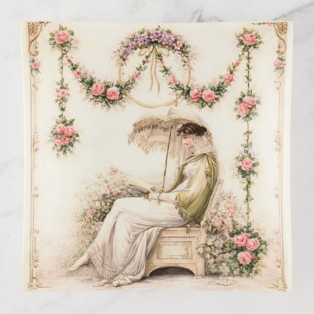 Regency Rose Garden Reading Lady Trinket Tray (Front)