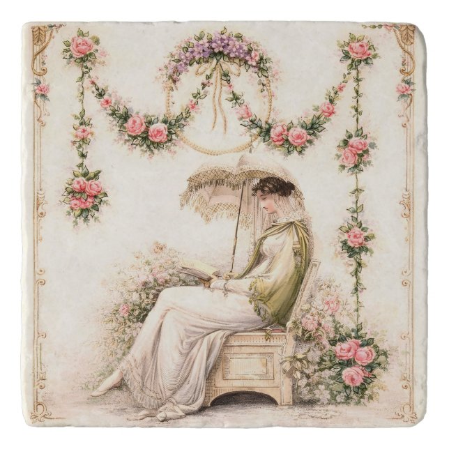 Regency Rose Garden Reading Lady Trivet (Front)