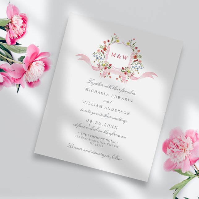 Regency Watercolor Floral Crest Wedding Invitation (Creator Uploaded)