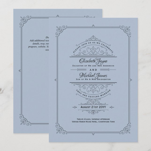 Regency Wedding Invitations Vintage Dusty Blue (Front/Back)