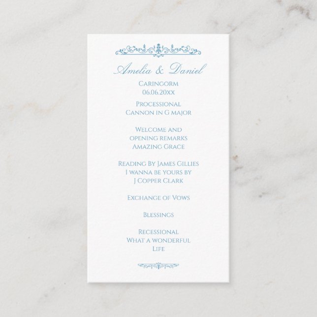 Regency White & Blue wedding Ceremony Program (Front)