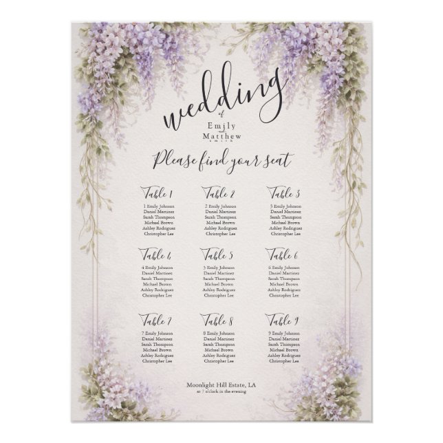 Regency Wisteria Wedding Seating Chart Poster (Front)