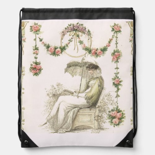 Regency woman reading in a garden  drawstring bag