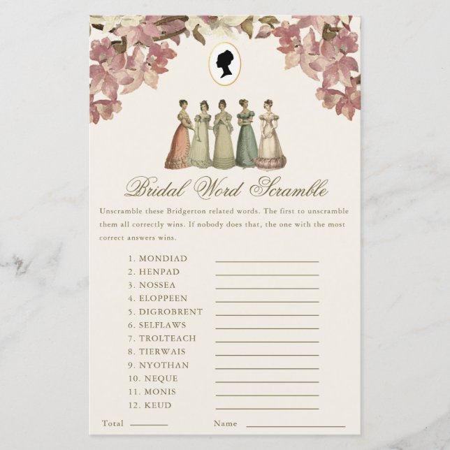Regency Word Scramble Floral Bridal Shower Game (Front)