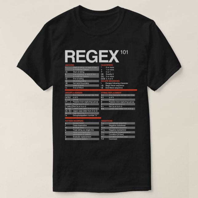 Regex Cheatsheet Regular Expressions 101 Computer  T-Shirt (Design Front)
