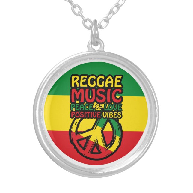 Reggae and Peace Symbol with positive quotes Silver Plated Necklace (Front)