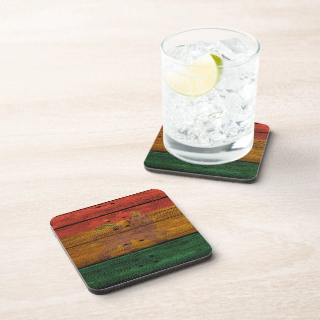 reggae lion crest on wood texture beverage coaster (Right Side)