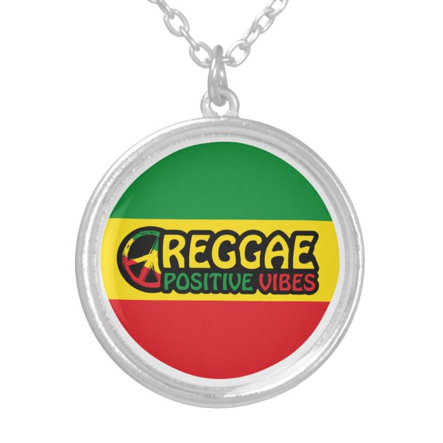 Reggae Music with positive vibes and reggae flag Silver Plated Necklace (Front)