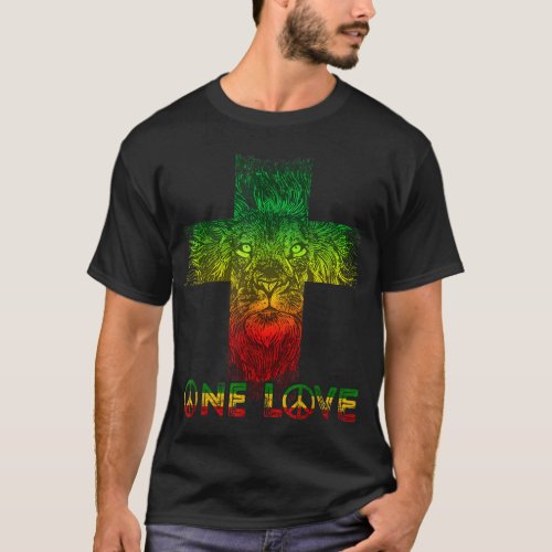 Reggae One Love Lion Jesus Cross Rastafarian Roots T_Shirt