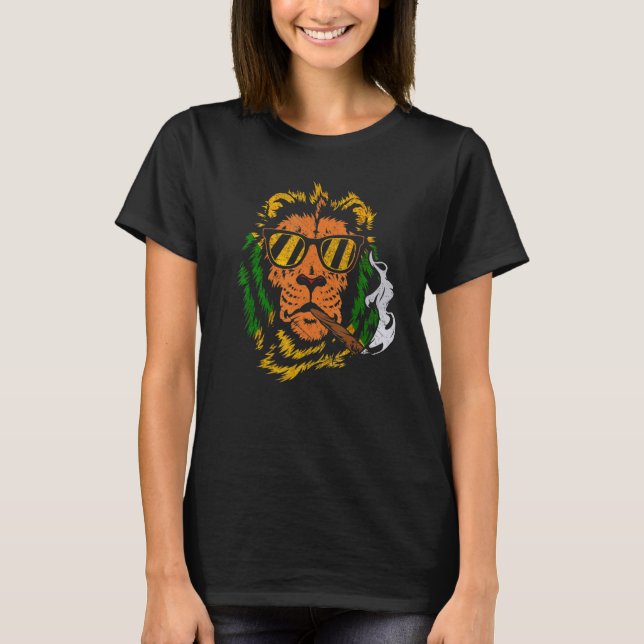Reggae Rasta Lion Animal Face Stoner Smoking Jamai T-Shirt (Front)
