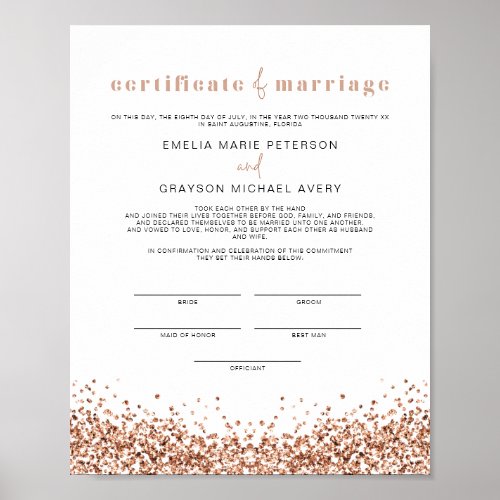 REGINA Glam Rose Gold Marriage Certificate Poster