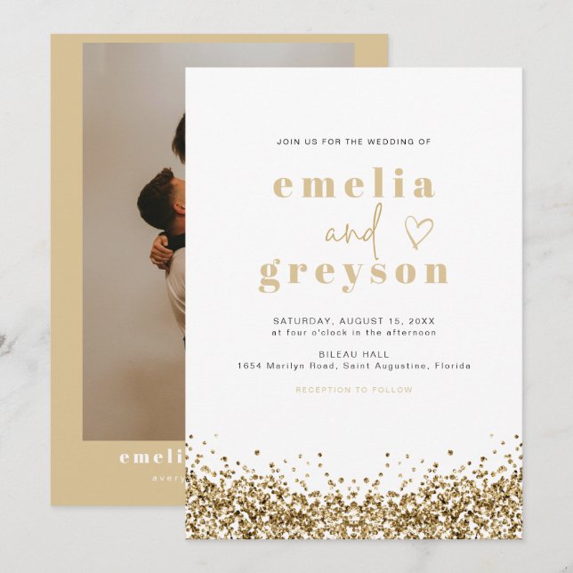 REGINA Glam Yellow Gold Sequins Disco Wedding Invitation (Front/Back)