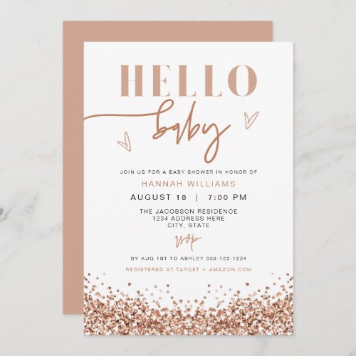 REGINA Hello Baby Rose Gold Sequin Baby Shower  Invitation