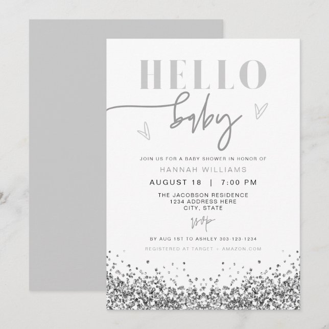 REGINA Hello Baby Silver Sequin Baby Shower Invitation (Front/Back)