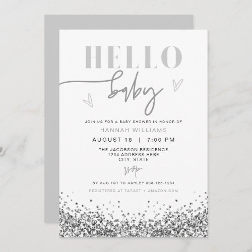 REGINA Hello Baby Silver Sequin Baby Shower Invitation