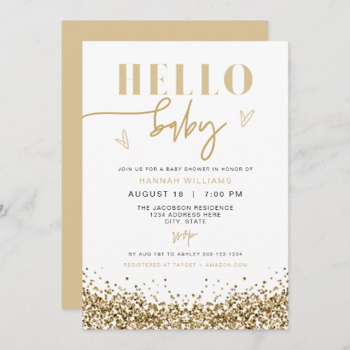 REGINA Hello Baby Yellow Gold Sequins Baby Shower Invitation