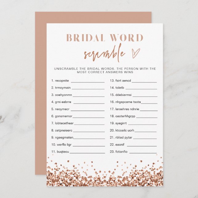 REGINA Rose Gold Bridal Shower Word Scramble  Invitation (Front/Back)