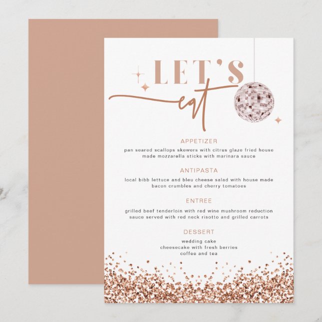 REGINA Rose Gold Disco Wedding Let's Eat Menu (Front/Back)