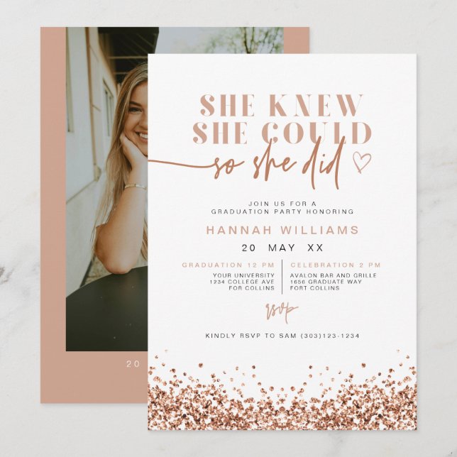 REGINA Rose Gold Glitter She Did It Graduation Invitation (Front/Back)