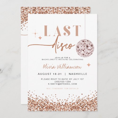 REGINA Rose Gold Last Disco Bachelorette Weekend  Invitation