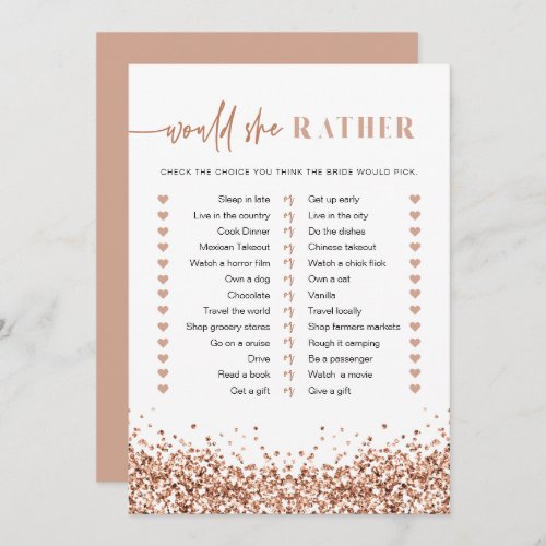 REGINA Rose Gold Would She Rather Bridal Game Invitation