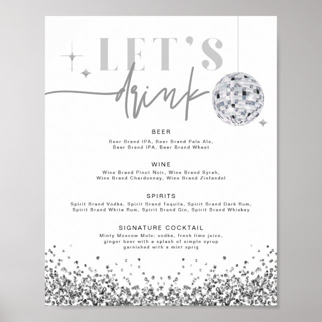 REGINA Silver Sequins Disco Let's Drink Bar Menu Poster (Front)