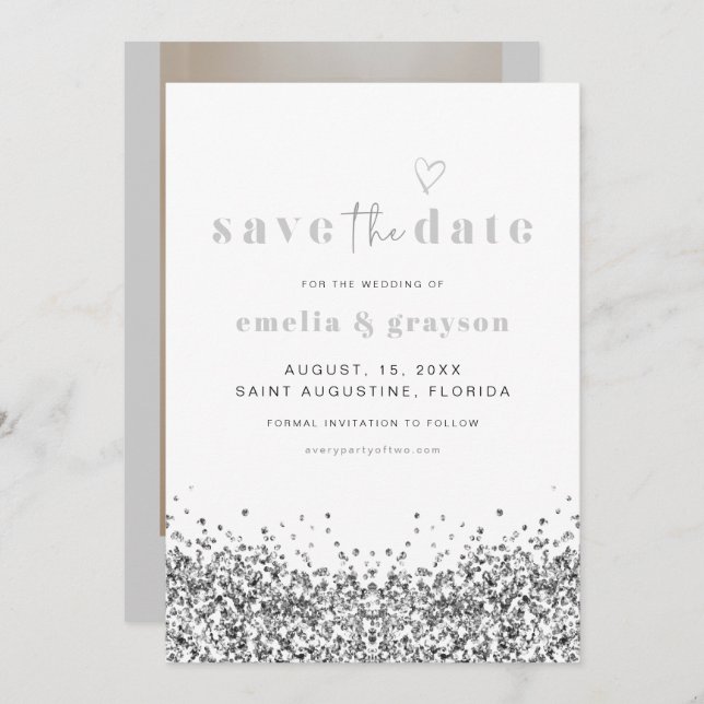 REGINA Silver Sequins Glitter Save The Date Invitation (Front/Back)
