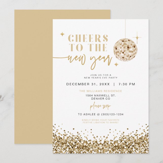 REGINA Yellow Gold Disco New Year's Eve Party Invitation (Front/Back)
