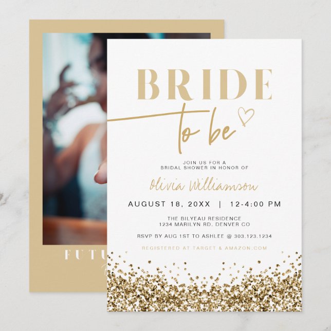 REGINA Yellow Gold Sequins Sparkly Bridal Shower Invitation (Front/Back)