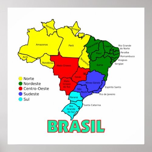 Regions of Brasil Map Poster