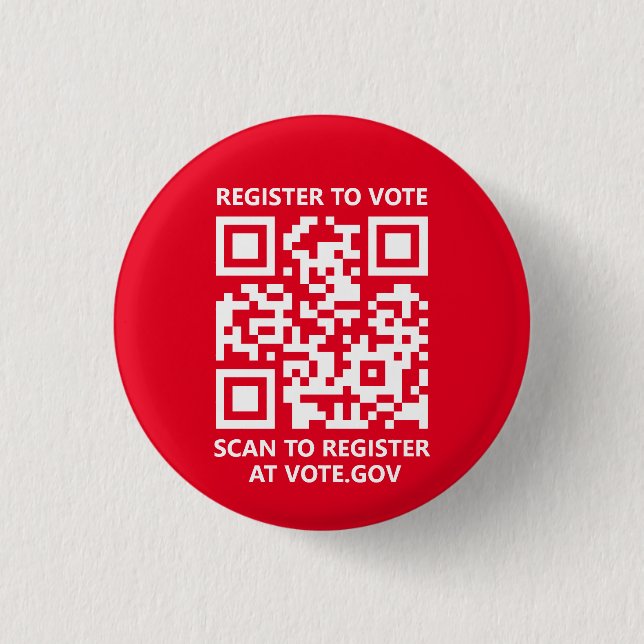 Register to vote scannable QR Code custom red Button (Front)