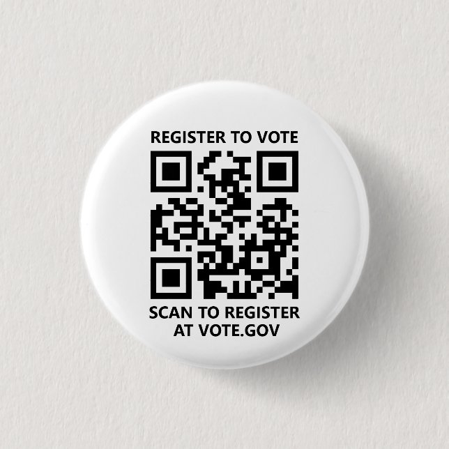 Register to vote scannable QR Code custom white Button (Front)
