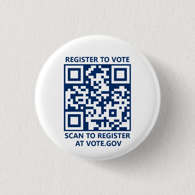 Register to vote scannable QR Code navy and white Button (Front)