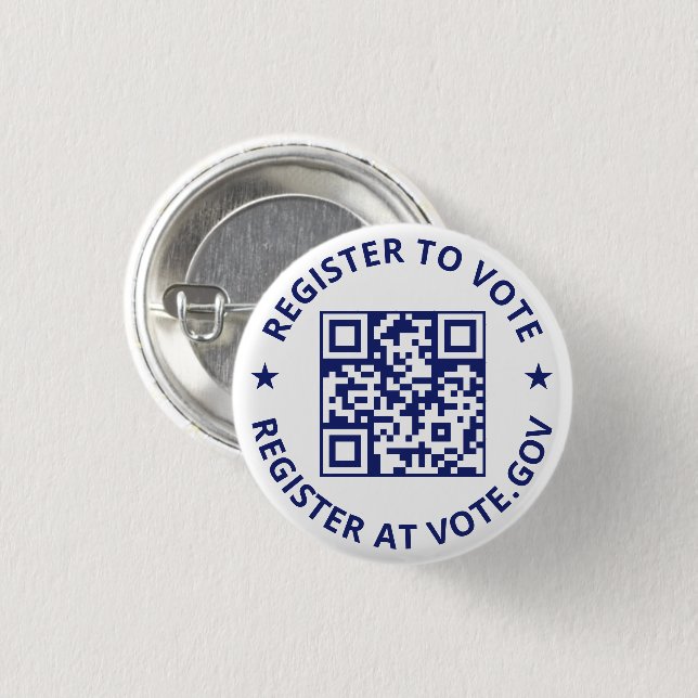 Register to vote scannable QR Code navy blue white Button (Front & Back)