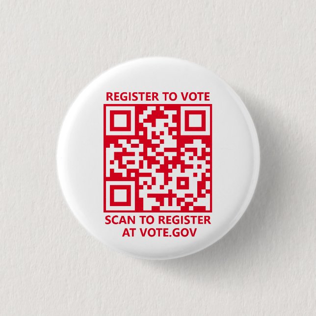 Register to vote scannable QR Code red and white Button (Front)