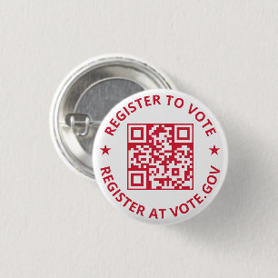 Register to vote scannable QR Code red and white Button