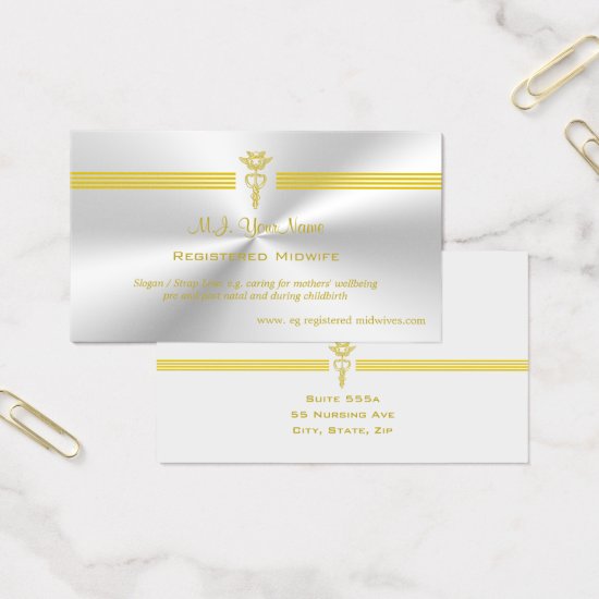 Registered Midwife with golden caduceus logo Business Card