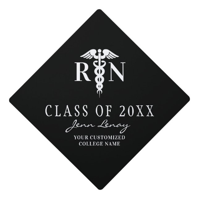 Registered Nurse Black Medical Caduceus Class of  Graduation Cap Topper (Front)
