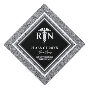 Registered Nurse Black Silver Glitter Personalize  Graduation Cap Topper