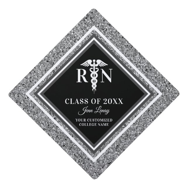 Registered Nurse Black Silver Glitter Personalize  Graduation Cap Topper (Front)