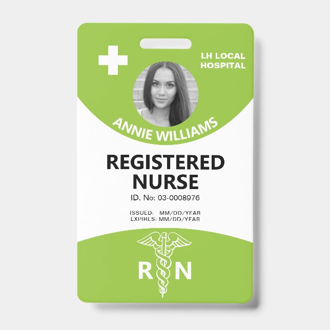 Registered nurse caduceus and logo lime photo id badge (Front)