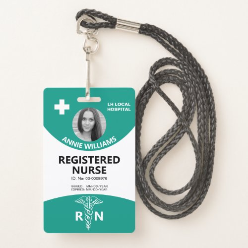 Registered nurse caduceus and logo teal photo id badge